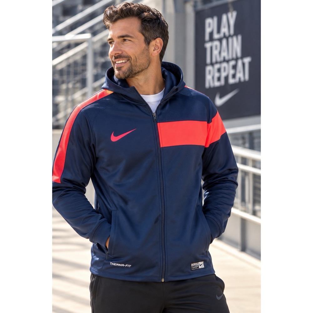 Nike Therma-FIT Soccer Jacket Men's L Navy Hot Coral Full Zip Hood 619722-451